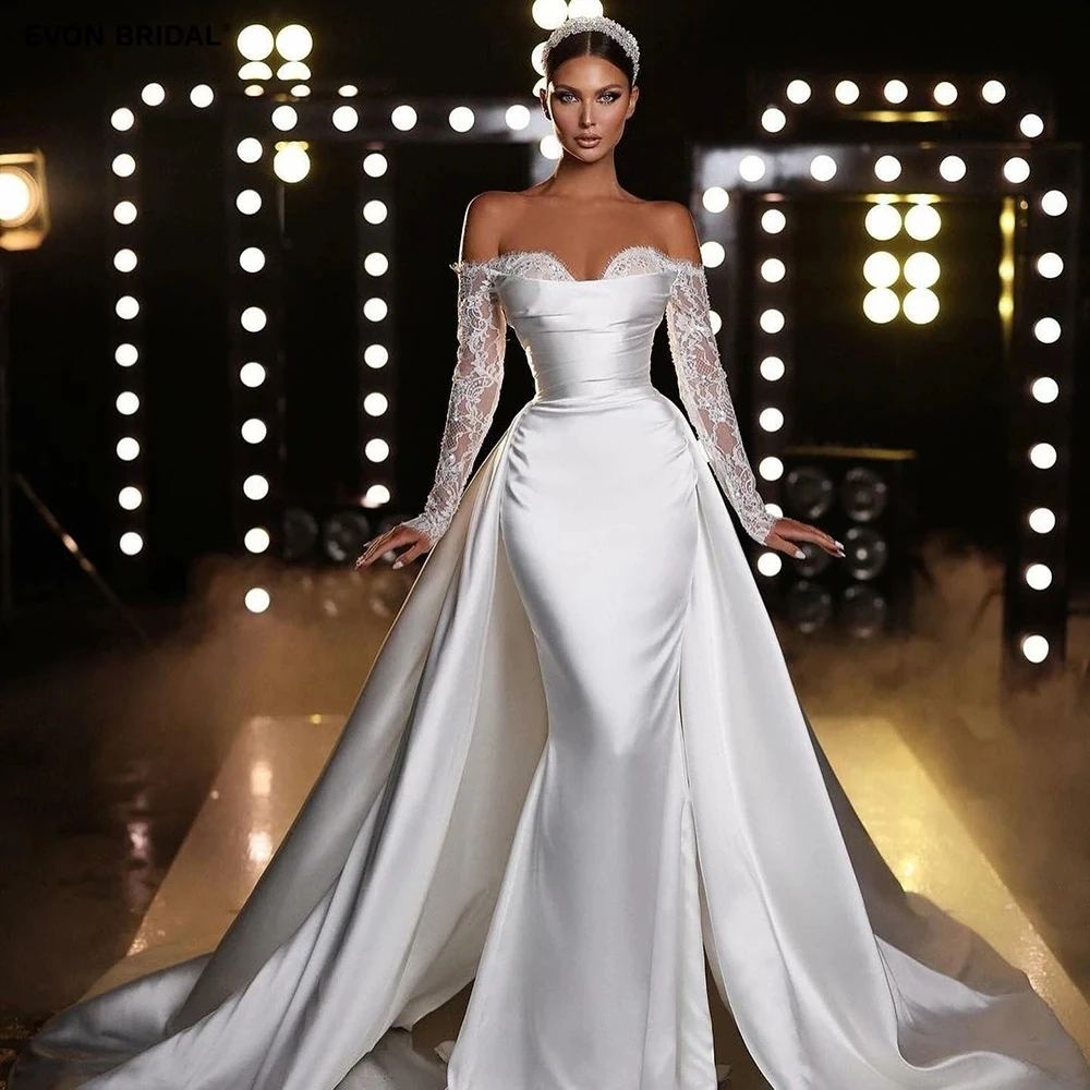 

EVON BRIDAL Lace Stain Mermaid Wedding Dresses for Women 2024 Sweetheart Long Sleeve Off the Shoulder Backless vestidos de novia
