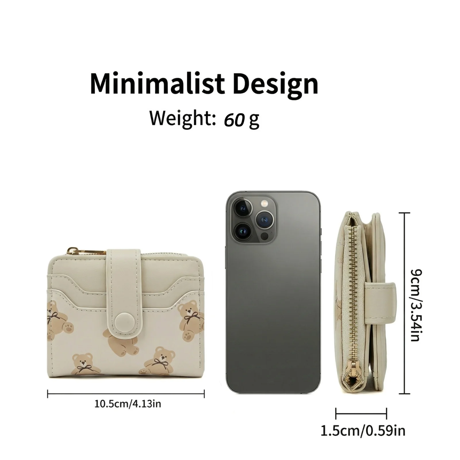 Charming Bear Cartoon PU Leather Women's Wallet with ID Window and Zippered Coin Holder