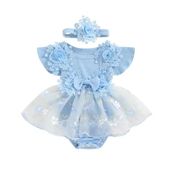 Floral Lace Ruffle Baby Girls Romper with Headband - Summer Princess Bodysuit Dress - 12M (Blue)