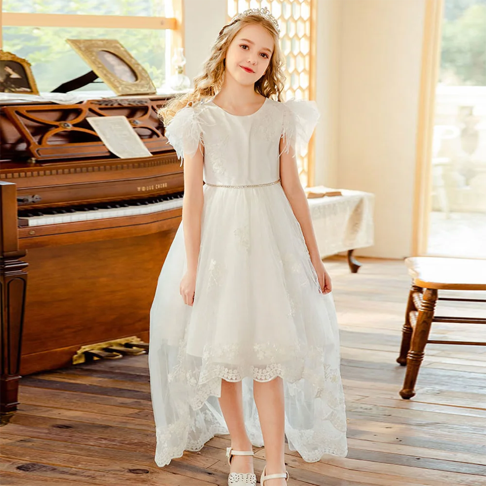 

Flower Girl Dresses For Weddings Princess Lace Feather With Bow Hi-Lo Holy First Communion Long Gowns Party Prom Pageant Dress