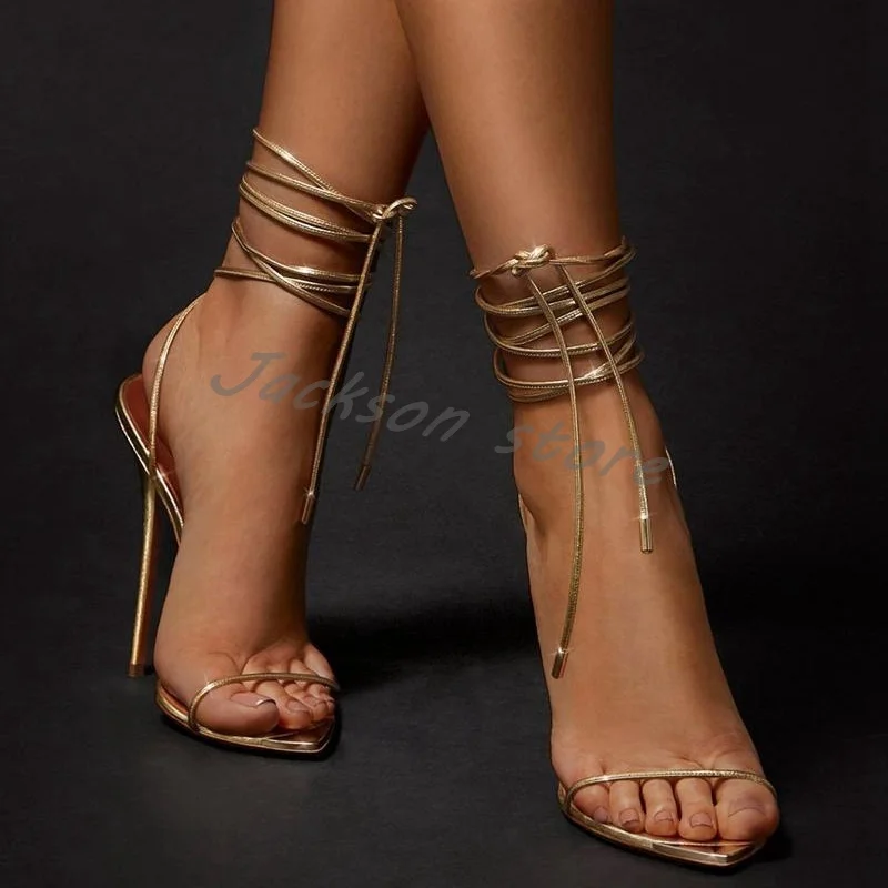 

Gold Sexy Ankle Strap Stiletto Heel Women's Sandals Summer New Super High Heel Wedding Shoes Designer Banquet Dress Party Shoes