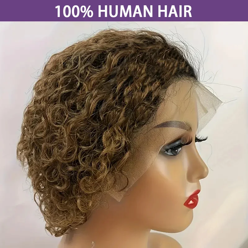 4/27 Highlight Blonde Pixie Short Curly Bob Wigs 13x4 Lace Front Wig Pixie Cut Wig Short Deep Curly Transparent Lace Frontal