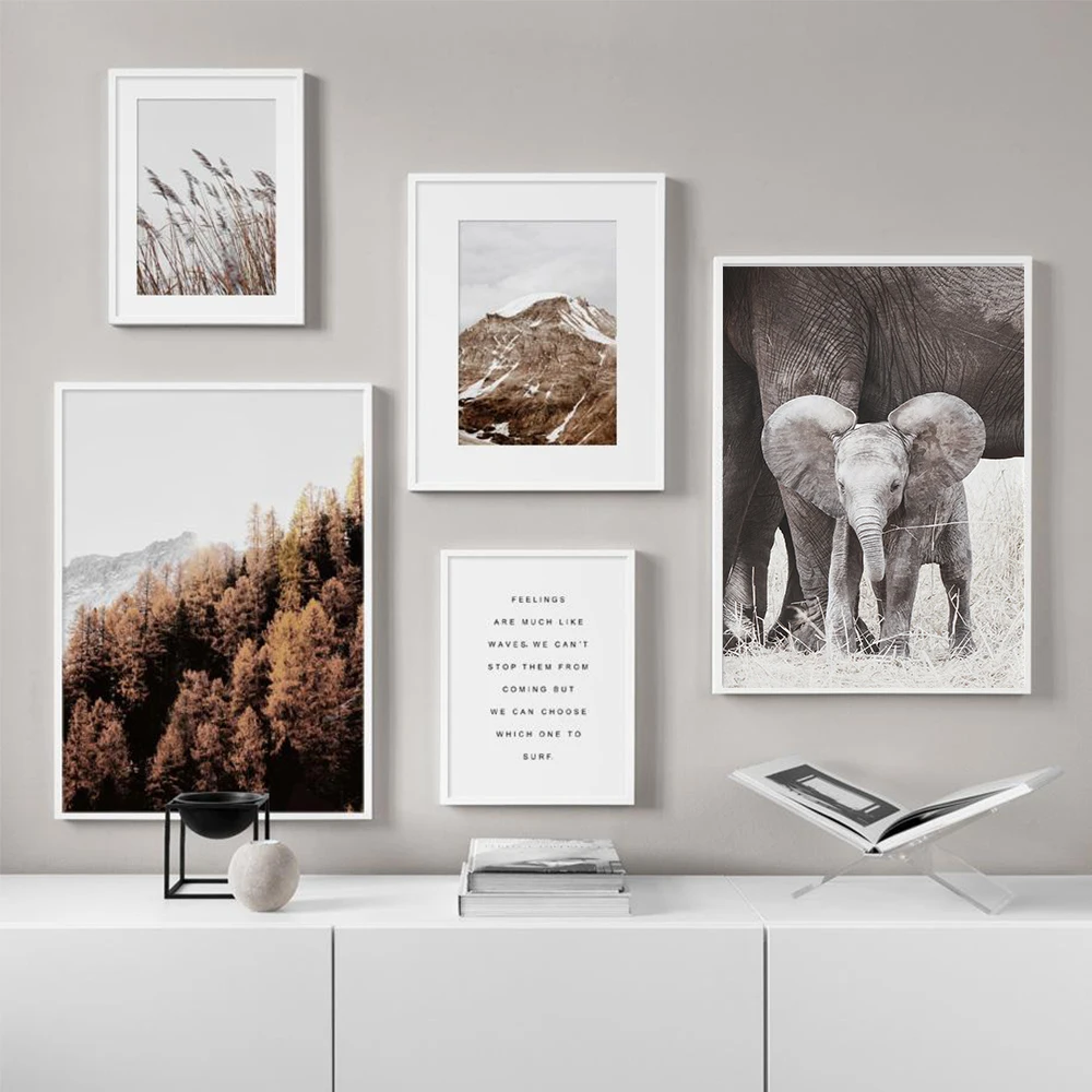 Forest Landscape Wall Art Pictures Snow Mountain Reed Elephant Canvas