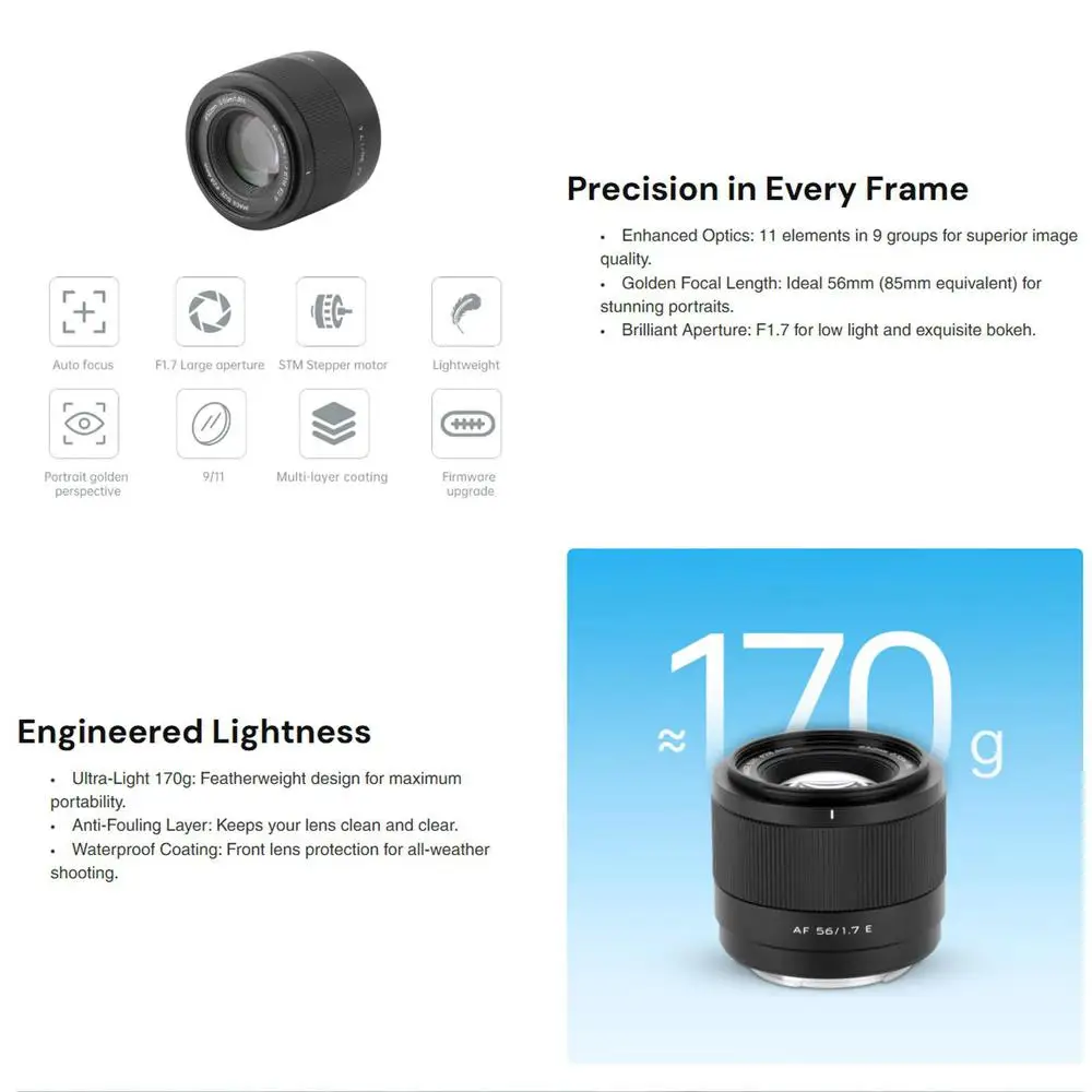 Viltrox 56mm F1.7 자동 초점 APS-C 경량 대구경 렌즈 (후지 X 마운트,  E 마운트, 니콘 Z 마운트용)