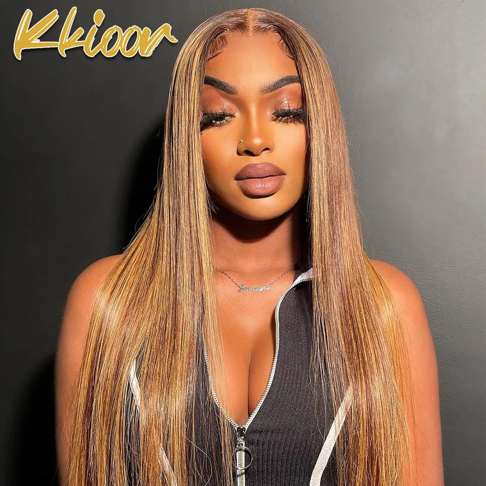 

Straight Honey Brown Highlight Lace Front Wig Human Hair Wigs For Women 13x4 Transparent Lace Front Human Hair Wigs Pre Plucked
