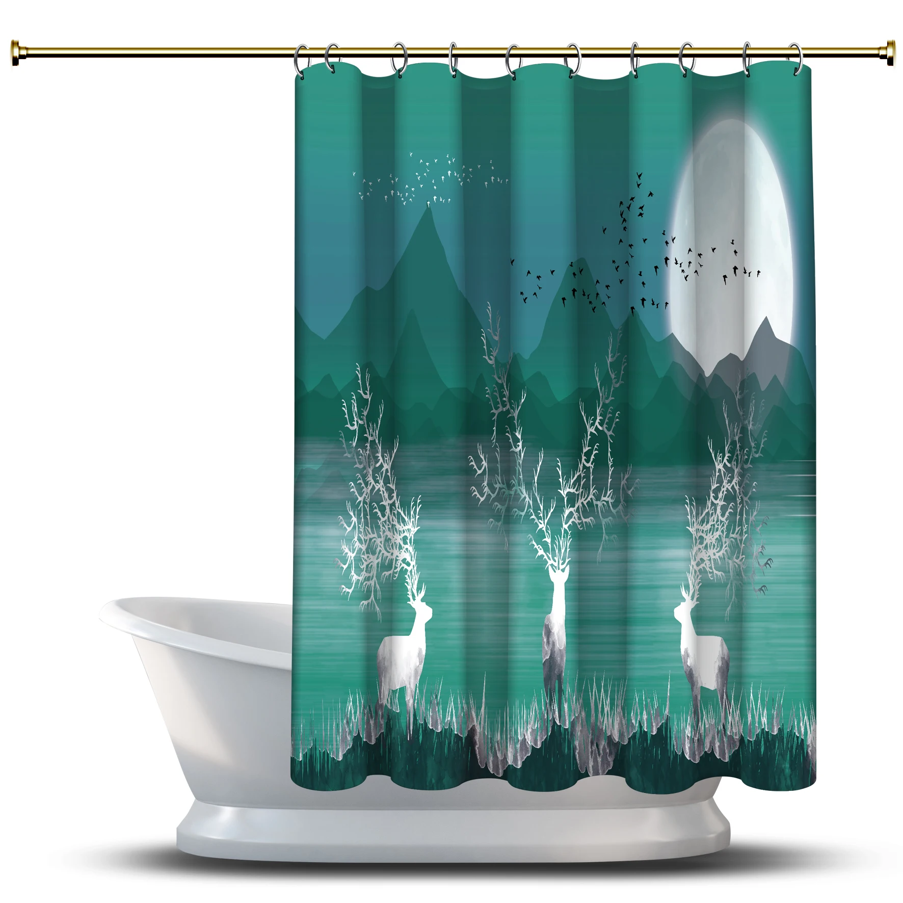 

Asian Landscape Printed Shower Curtain / Waterproof for Your Bathroom Decorations - Deer, River in the first, green decor
