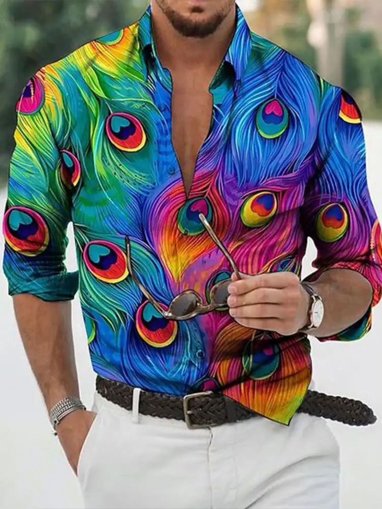 2024 Fire Feather Print Manica Lunga Da Uomo Cross Border Allentato Di Grandi Dimensioni Cool Button Shirt Top