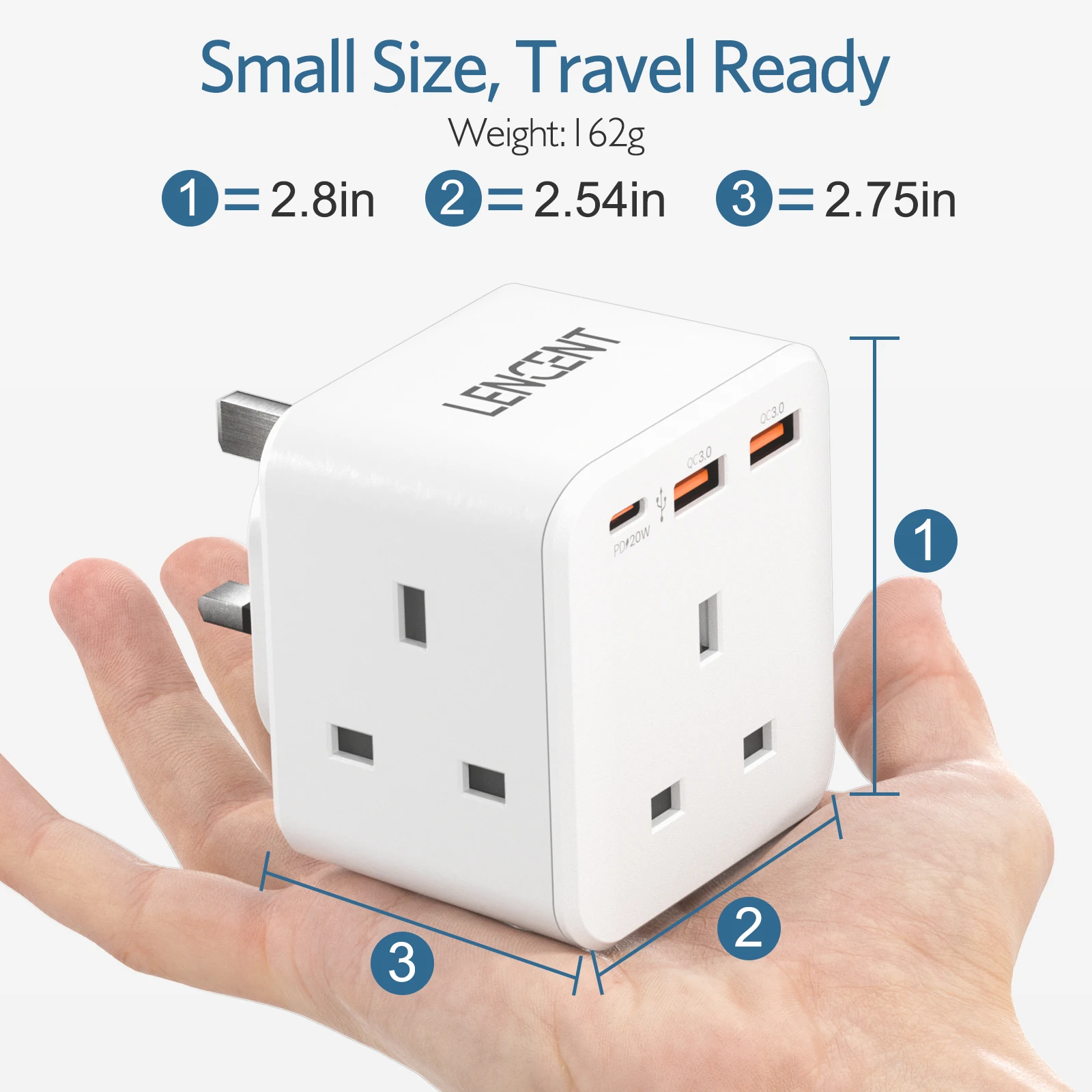 LENCENT UK Plug Power Strip with 3 AC Outlets +2 USB QC 3.0 +1