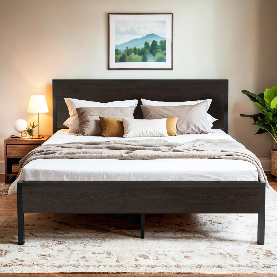 Stylish Metal Bed Frame with Wooden Headboard