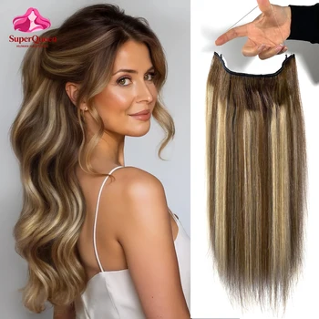 #4/27 Highlight Halo Human Hair Extensions 16-26 Inch Straight Invisible Wire Clip In Hair Extensions One Piece Hair Extensions