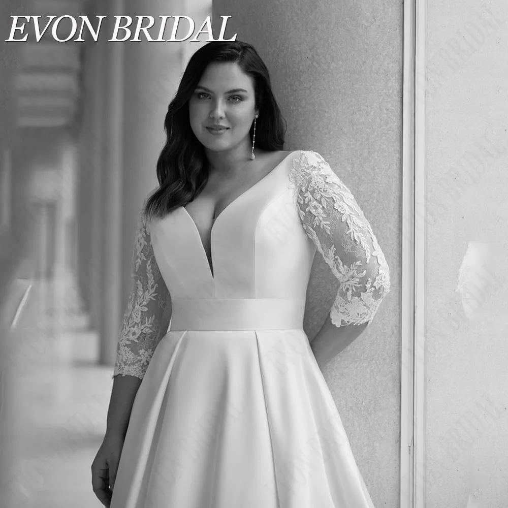 EVON BRIDAL Kant V-hals Bruidsjurk Plus Size Voor Grote Vrouw 3/4 Mouwen Bruid Party JurEVON BRIDAL kant V-hals trouwjurk grote maat voor grote vrouw 3/4 mouwen bruid feestjurken satijn A-lijn elegante gewaad De Mariée