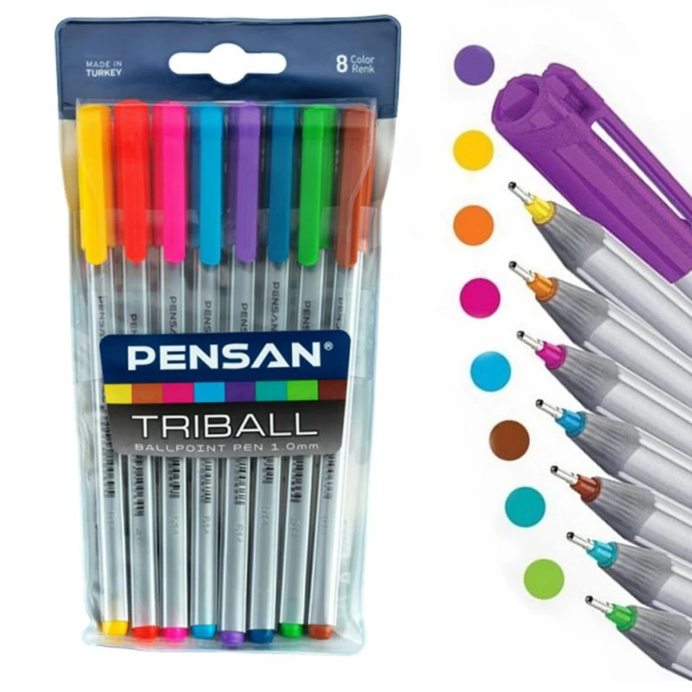 Pensan 8 Pcs Ballpoint Pen 1mm Triball Different Color Set Triangular Body High Quality Turkish Product Office School Stationery