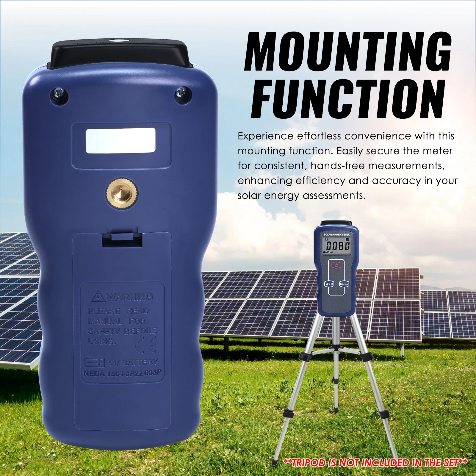 Digital Solar Power Meter Light Meter Sunlight Energy Radiation Tester Light Intensity Data Hold Function Large LCD Display 6