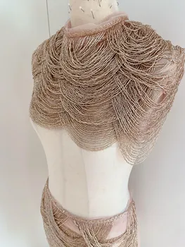 Glamour abbellimento con frange in oro rosa per indumenti, gioielli per il corpo con perline, applicazioni con mantella con frange di perline per alta moda, abiti, danza