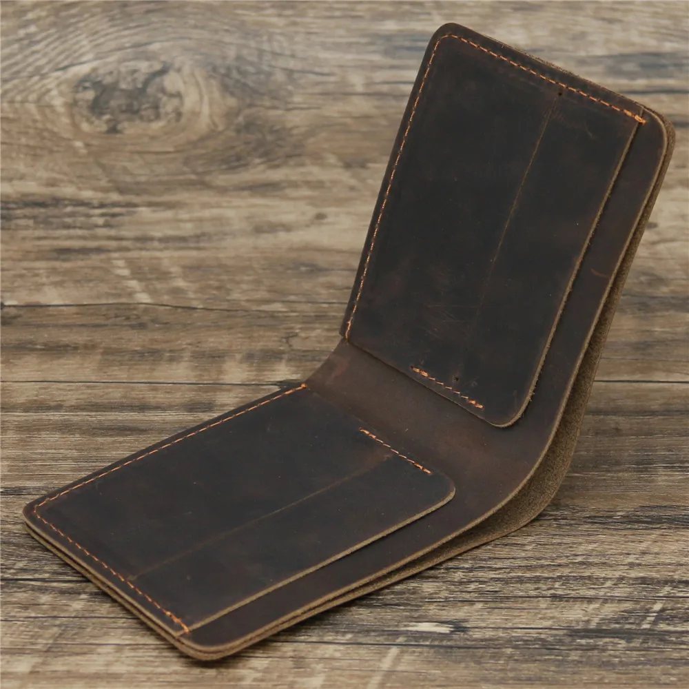 Minimalism Genuine Leather Crazy Horse Hand-made Men's Purse Vintage Card Holder Wallet Dollar Purses Money Clip 4