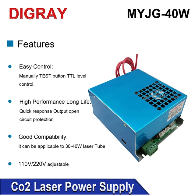 DIGRAY MYJG- 40W CO2 Laser Power Supply 110V/220V For 30W 40W K40 Engraving Cutting Machine Suitable Length 50X700mm Laser Tube 2