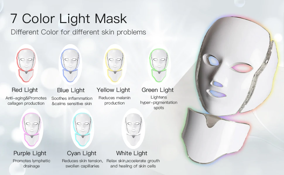Mascarilla Facial LED de 7 colores, mascarilla ligera antiarrugas para la piel, mascarilla para el cuello, blanqueamiento, cuidado de la piel, dispositivos de belleza para uso doméstico