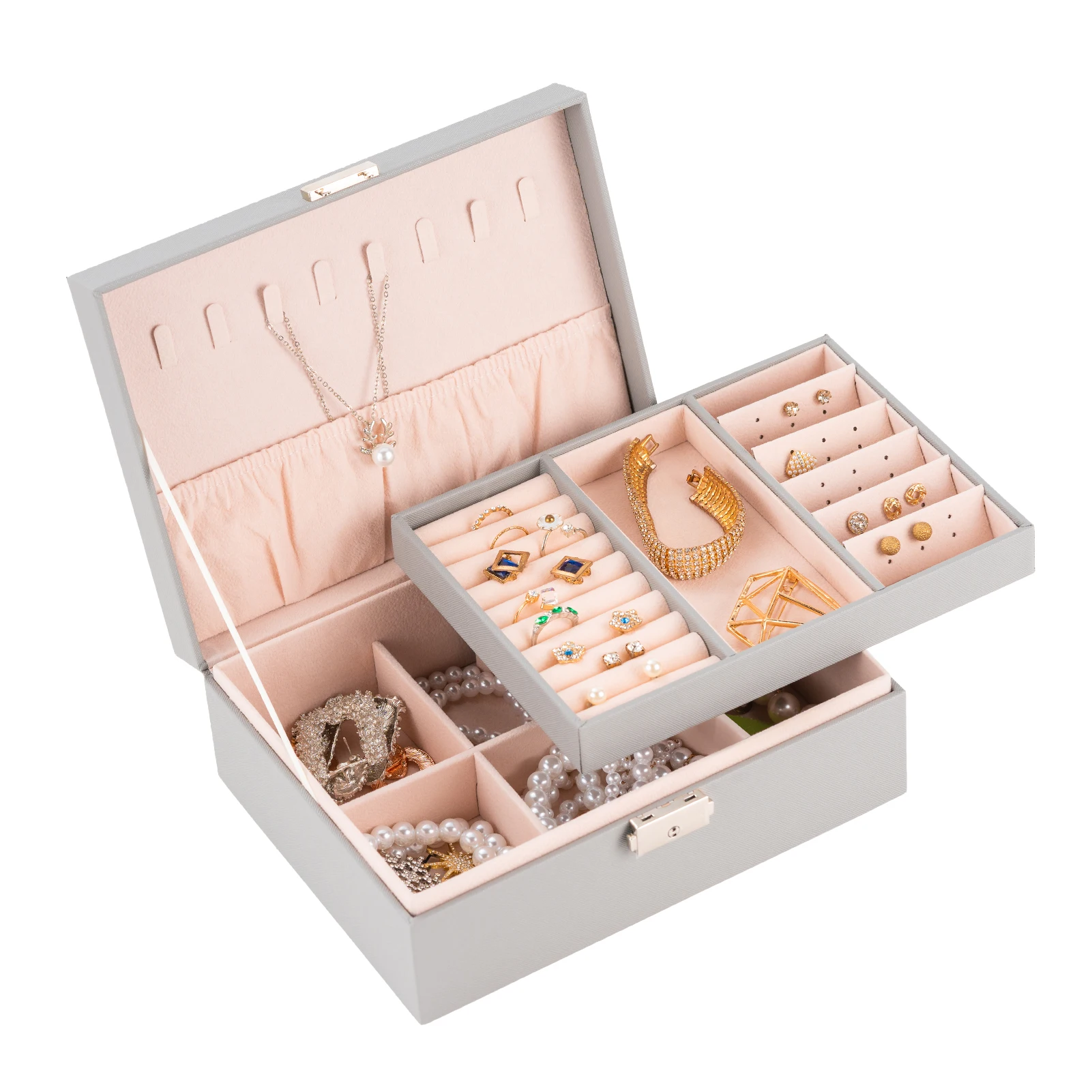 

Smileshe Double Layers Home Jewelry Organizer Storage Box Earrings Rings Necklace Watch Holder Display With Lock Gifts for Women