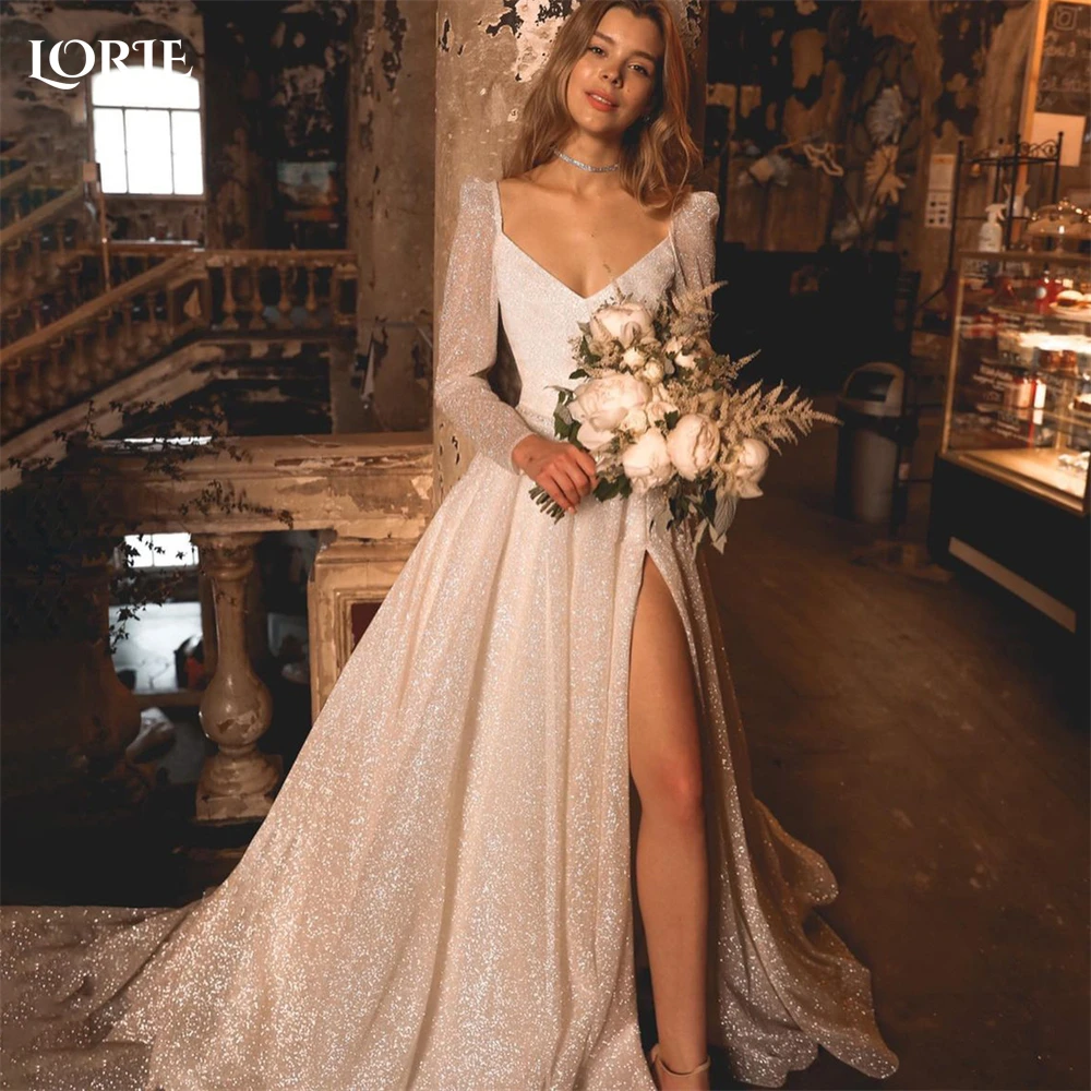 

LORIE Luxury Glitter Wedding Dresses Cap Sleeves Shiny V-Neck A-Line High Side Slit Bridal Gowns Sexy Sparkly Bride Dress 2023