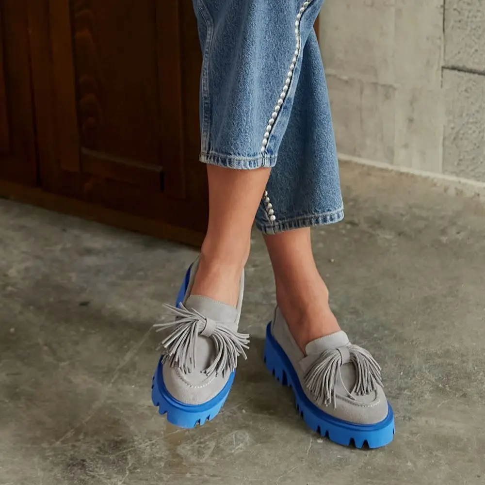 

Poll Genuine Leather Suede Thick Lightweight Eva Platform Flat Bottom Tassel Detailed Loafer Poshnmore Gray Sax Blue Pink Beige