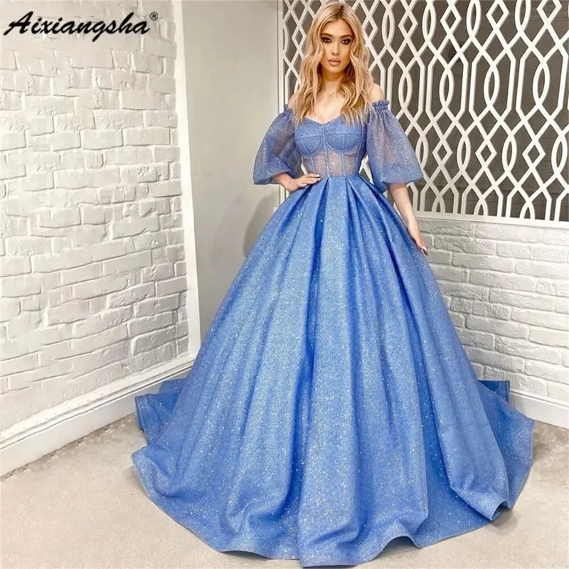 

Aixiangsha Light Blue Glitter Formal Prom Dress Shiny ALine Off Shoulder Puff Sleeves Evening Dress Princess Backless Party Gown