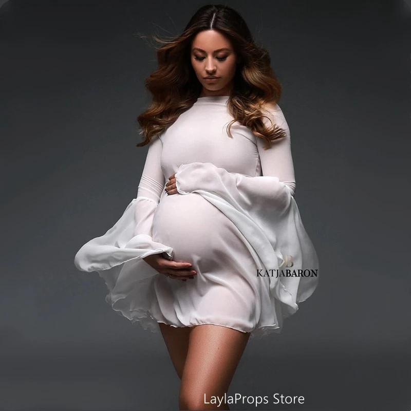 Pregnancy Dresses for Photo Shooting White Chiffon Maternity Photo Shoot Flare Flounce Sleeve See Through Photography Clothes maternity tops