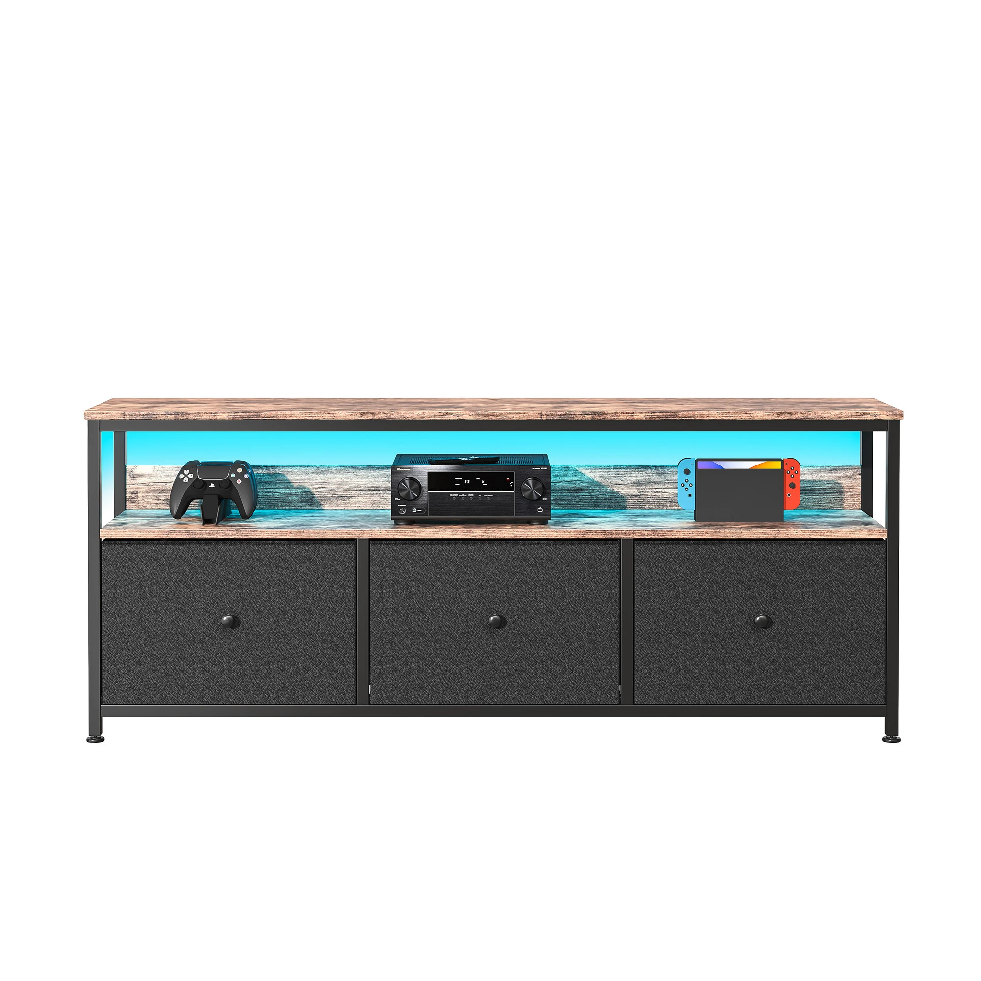 TV-Ständer mit LED-Leuchten, Stoffschubladen, niedriger Schrank, geeignet für Fernseher 55 Zoll und darunter, mit 3 Schubladen und offenen Regalen, Anzug – Detail 1