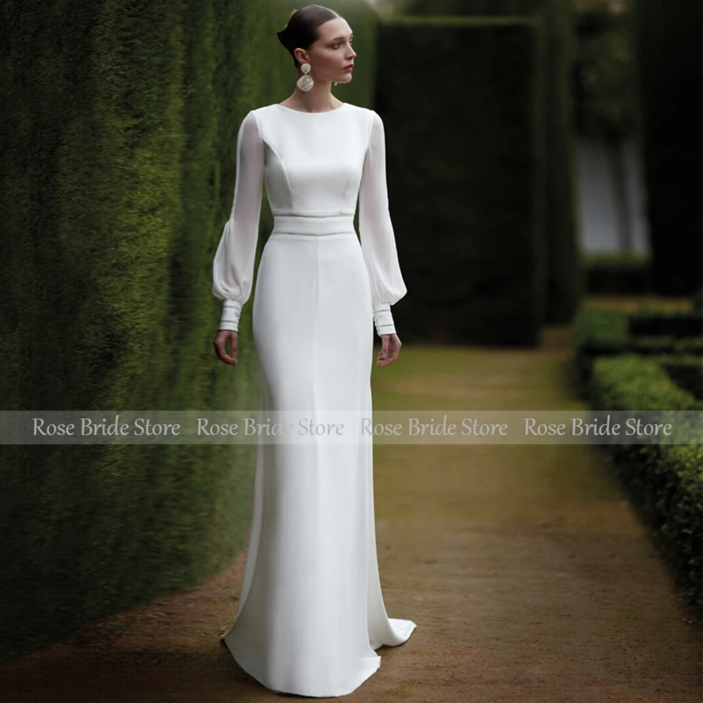 Mermaid Wedding Dress Long Puffy Sleeves O Neck Trumpet Wedding Gowns for Women 2023 Bride Backless Buttons Elegant Bridal Dress 5
