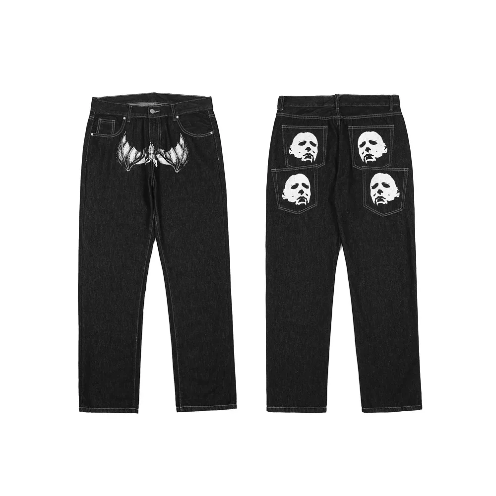 

Y2k Pants Retro Face Print Embroidery Straight Jeans Men Casual Oversized Denim Trousers Loose Streetwear Black Baggy Jeans