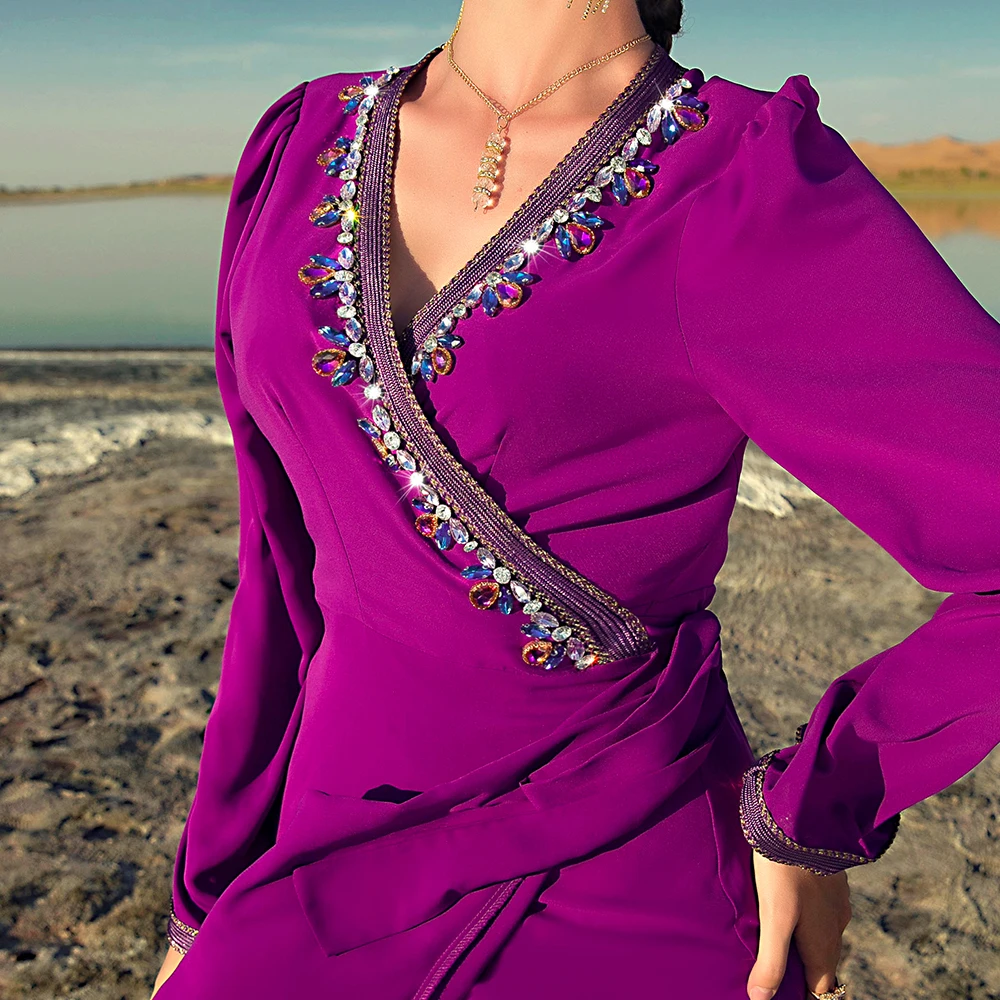 BA7069 new rose purple ruffle diagonal seam drill dress