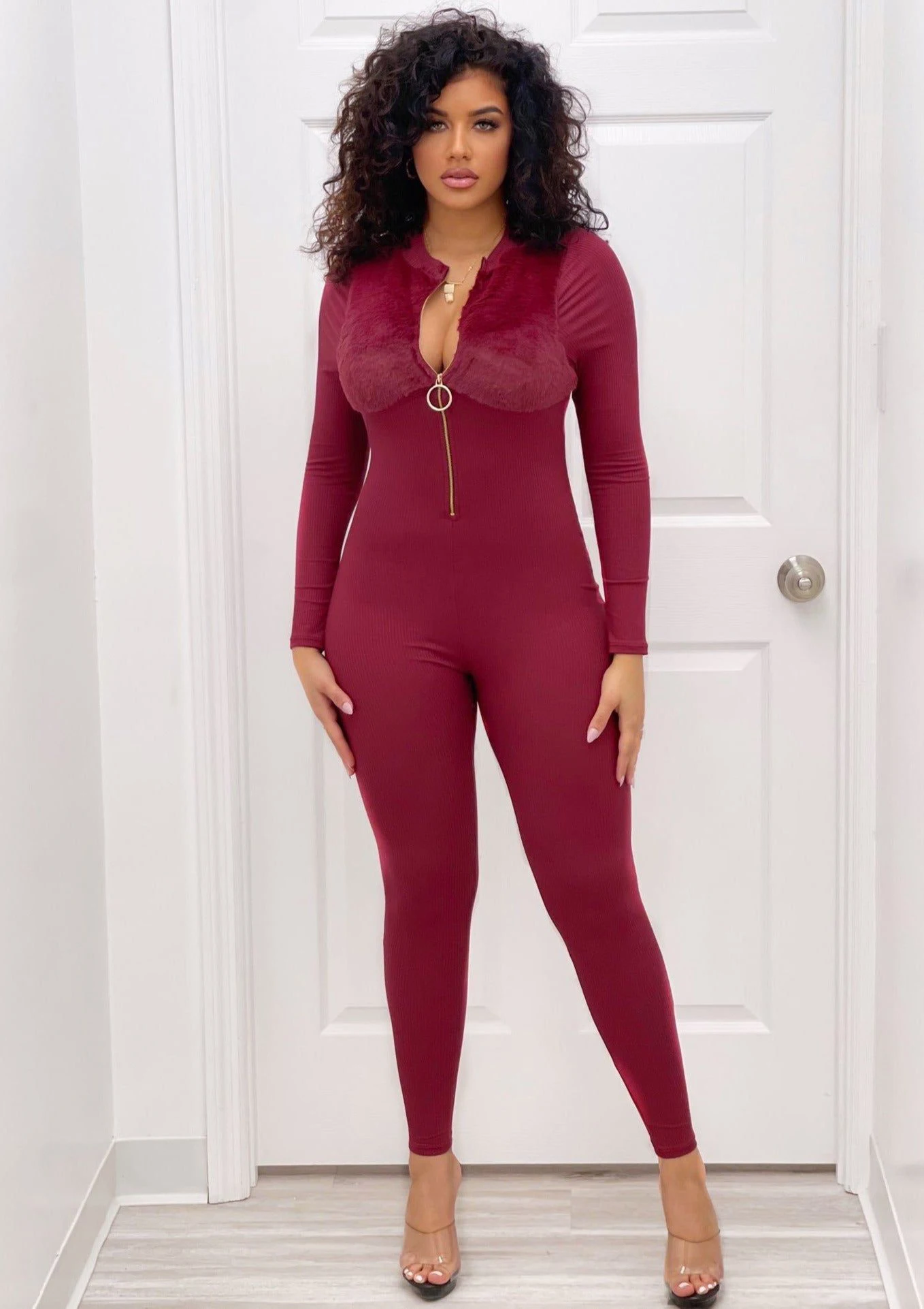 

Autumn and Winter Women's Jumpsuit Slim Long Sleeved Trousers With Pull Chain Chest+Flannel Party Style w9360