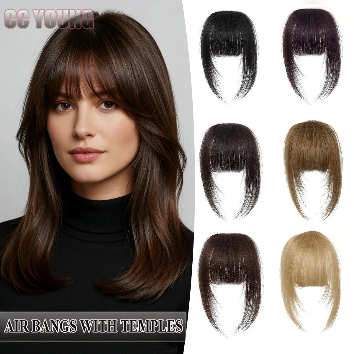 Human Hair Clip In French Bangs With Temple for Women Remy Hair Fringe with Temples Hairpieces Curved Bangs for Daily Wear