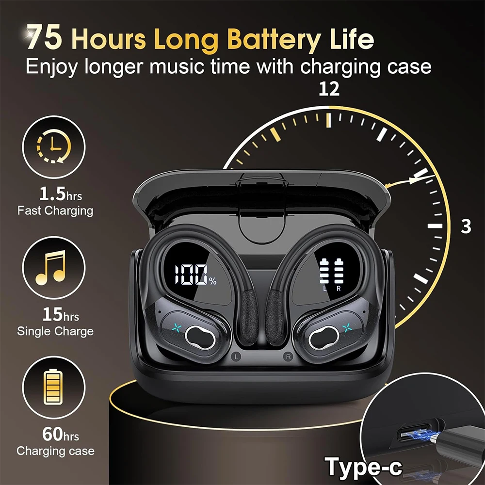 

Wireless Earbuds 75hrs Bluetooth 5.3 Headphone Sport, 2024 Bluetooth Earbuds Stereo Deep Bass Over Ear Bud with Earhooks