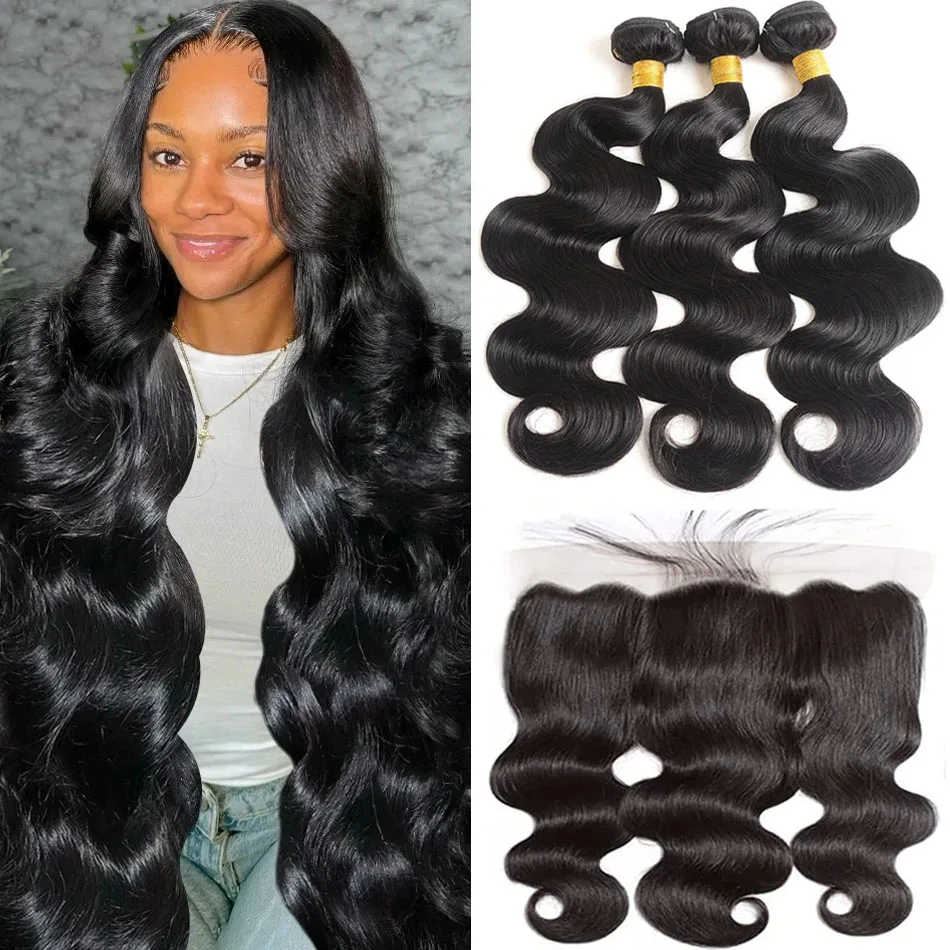 28 30 32 Inch Body Wave Human Hair Bundles with 13x4 Frontal Peruvian Hair Bundles with Frontal Remy 100% Human Hair Extension