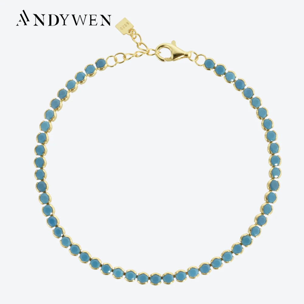 

ANDYWEN 925 Sterling Silver Gold Turquoise 2mm BeadsTennis Cubic Zirconia Round Briliant Bracelet Long Women Fine Jewelry