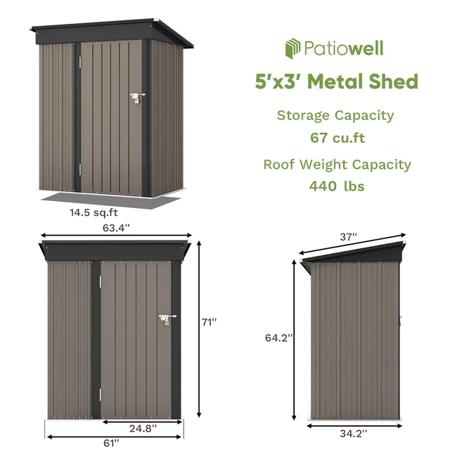 Patiowell 5x3 FT Outdoor Storage Shed, Tool Shed with Sloping Roof and Lockable Door, Metal Shed for Backyard Garden Patio Lawn 3