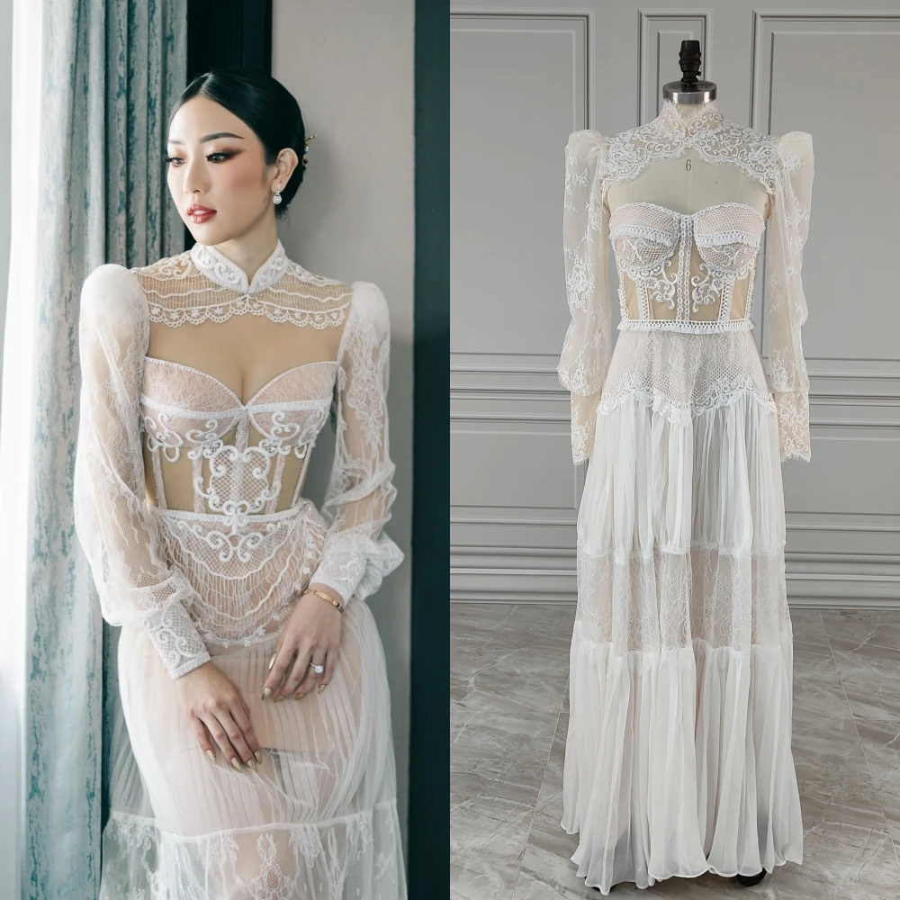 

18029# Real Photos Exquisite Long Sleeves High Neck Illusion Back Lace A-line Chiffon Wedding Dress Bridal Gown For Women