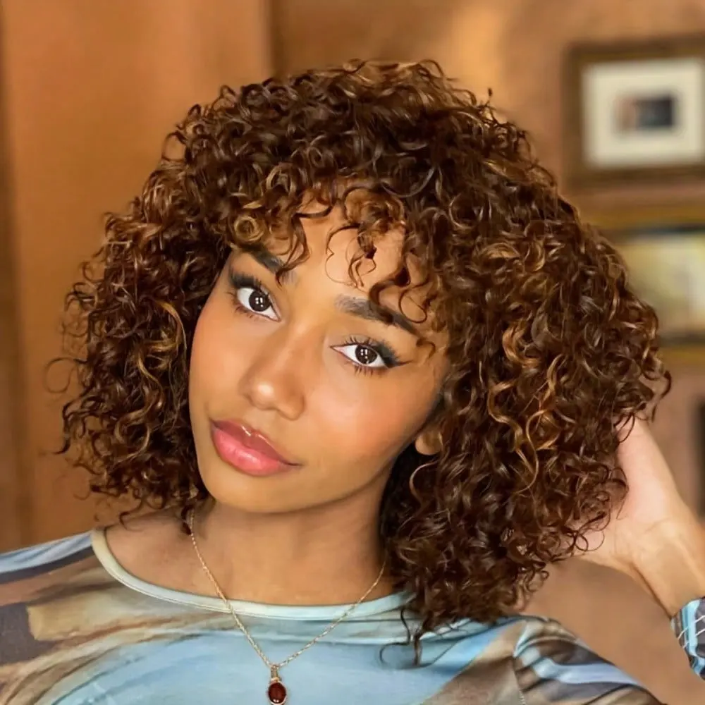 Highlight 4/27 13*4 Jerry Curly Wig With Bangs Brazilian Virgin Human Hair No Lace Front Wigs Omber Human hair Wig 2