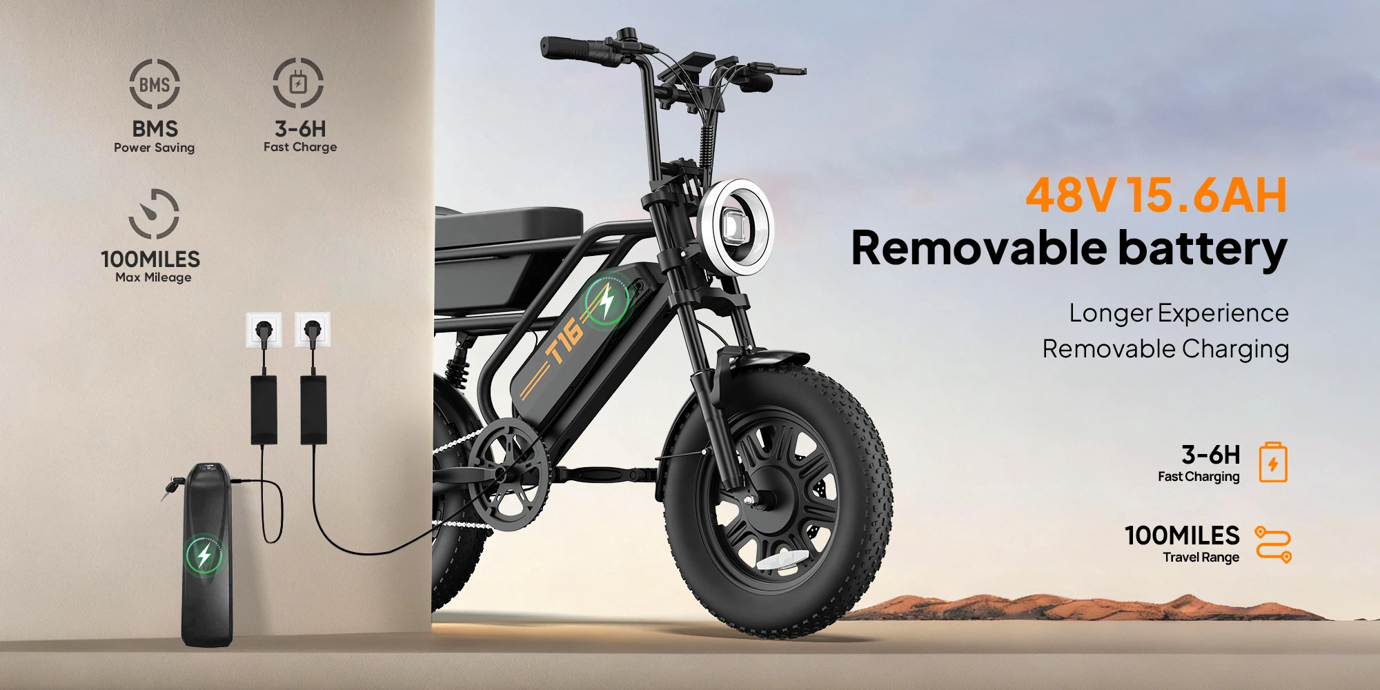 URLIFE T16 Peak 1000W Elektro-Mountainbike mit 48V 15,6Ah herausnehmbarem Akku, 16 Zoll x 3 Zoll Fat Tire E-Bike – Detail 6