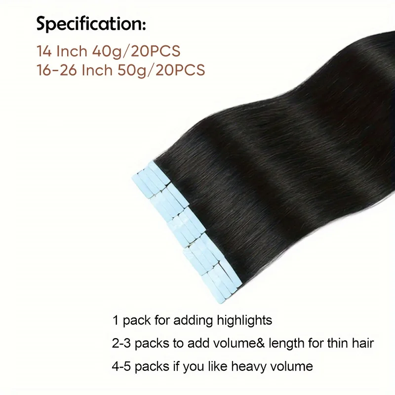 Alimice #1b Tape in Hair Extensions 20pcs 50g Silky Straight Seamless Skin Weft Tape in Human Hair Extensions