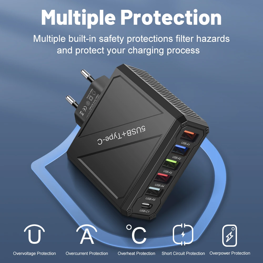 5 Ports USB Charger 3.1A PD Quick Charging Adapter for Xiaomi iPhone Samsung Mobile Phone Fast Charger Plug QC 3.0 Wall Charger