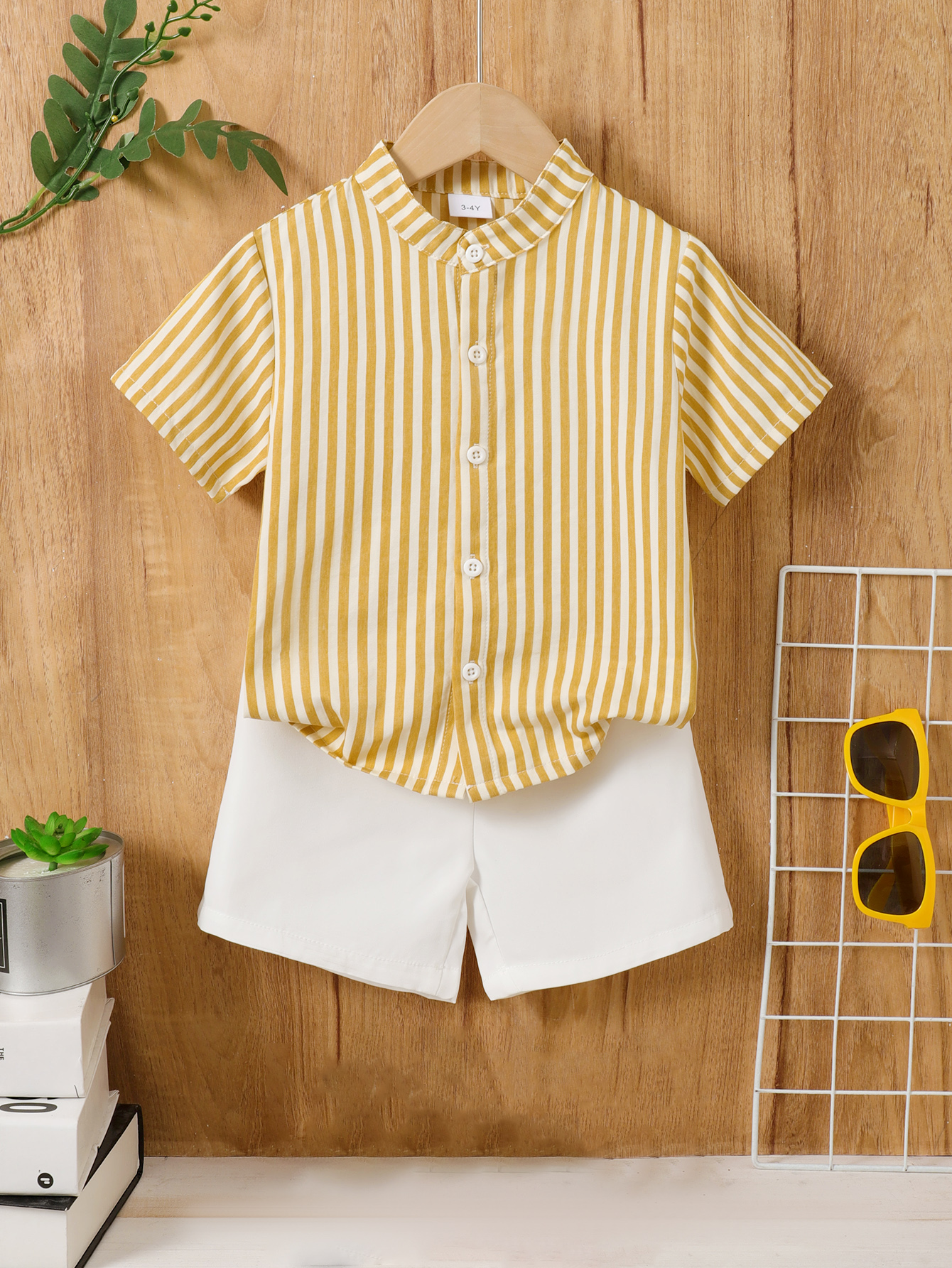 Young Boy Striped Stand Collar Short Sleeve Shirt And Shorts Set