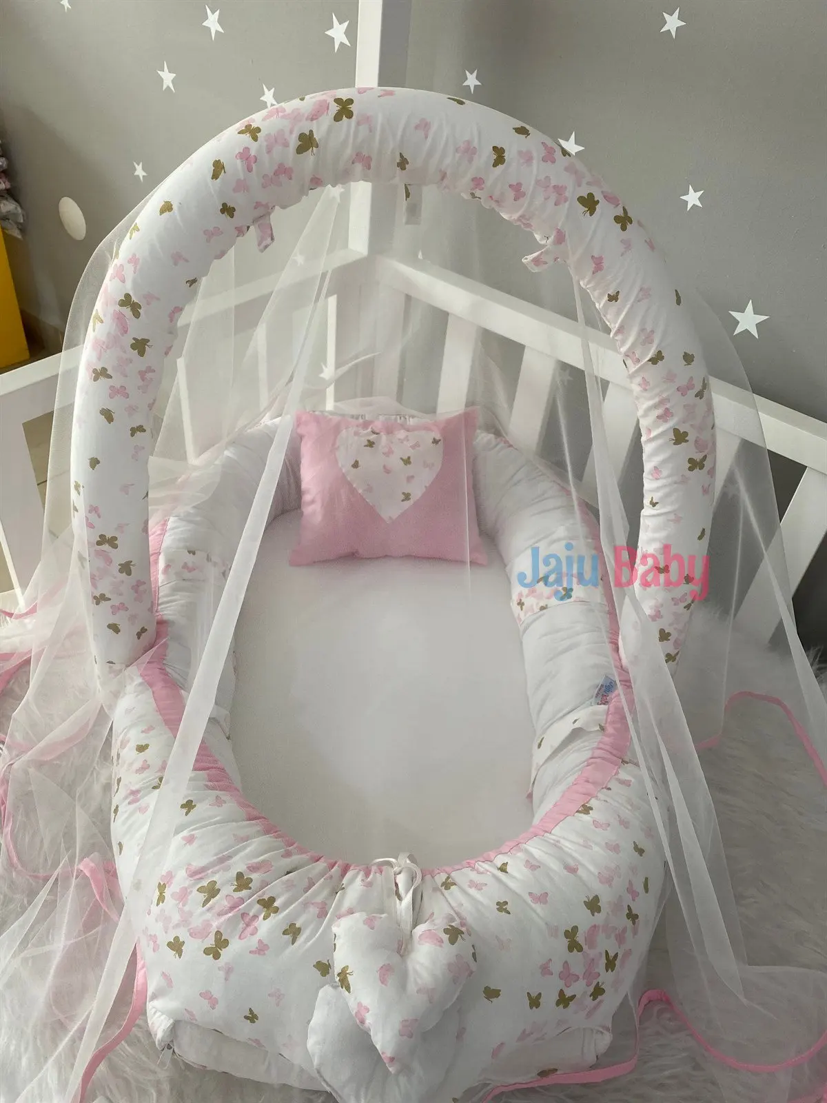 Handmade Pink Butterfly Patterned Mosquito Net and Toy Hanger Luxury Design Babynest