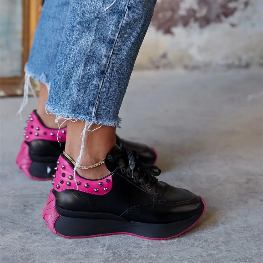 

Angela Inside Outer Genuine Leather Thick Platform Sole Lace-Up Iron Staple Women's Sports Shoes Poshnmore Fuchsia Black White D