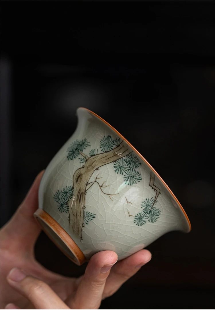 Hand Painted Pine Antique Ceramic Opening Gaiwan Tea Tureen Teaware Set Chinese Tea Bowl Chawan Cup