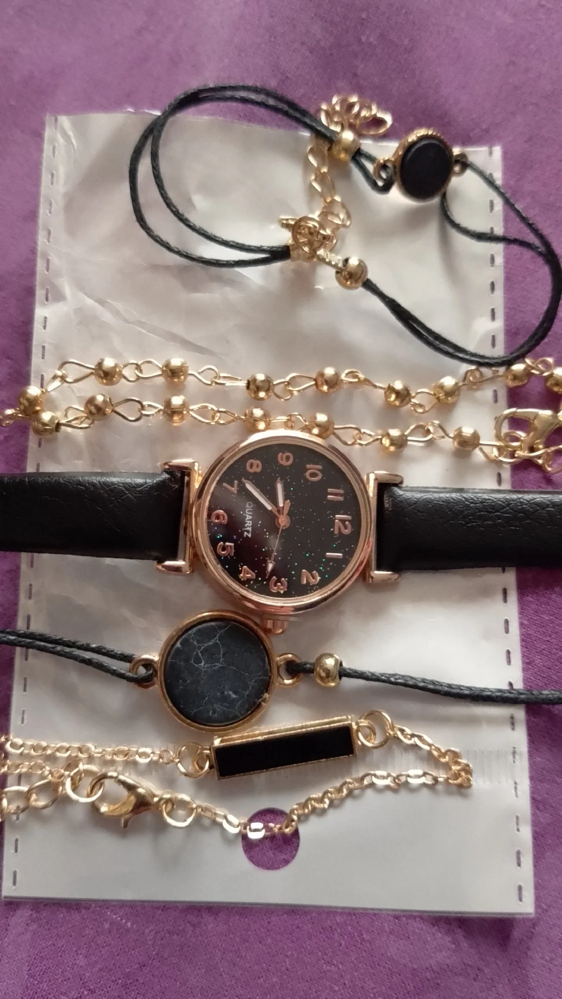 Conjunto de relógio de couro feminino casual, senhoras, céu estrelado, mostrador redondo, relógios de pulso, relógio de vestido, moda simples, 5 peças photo review