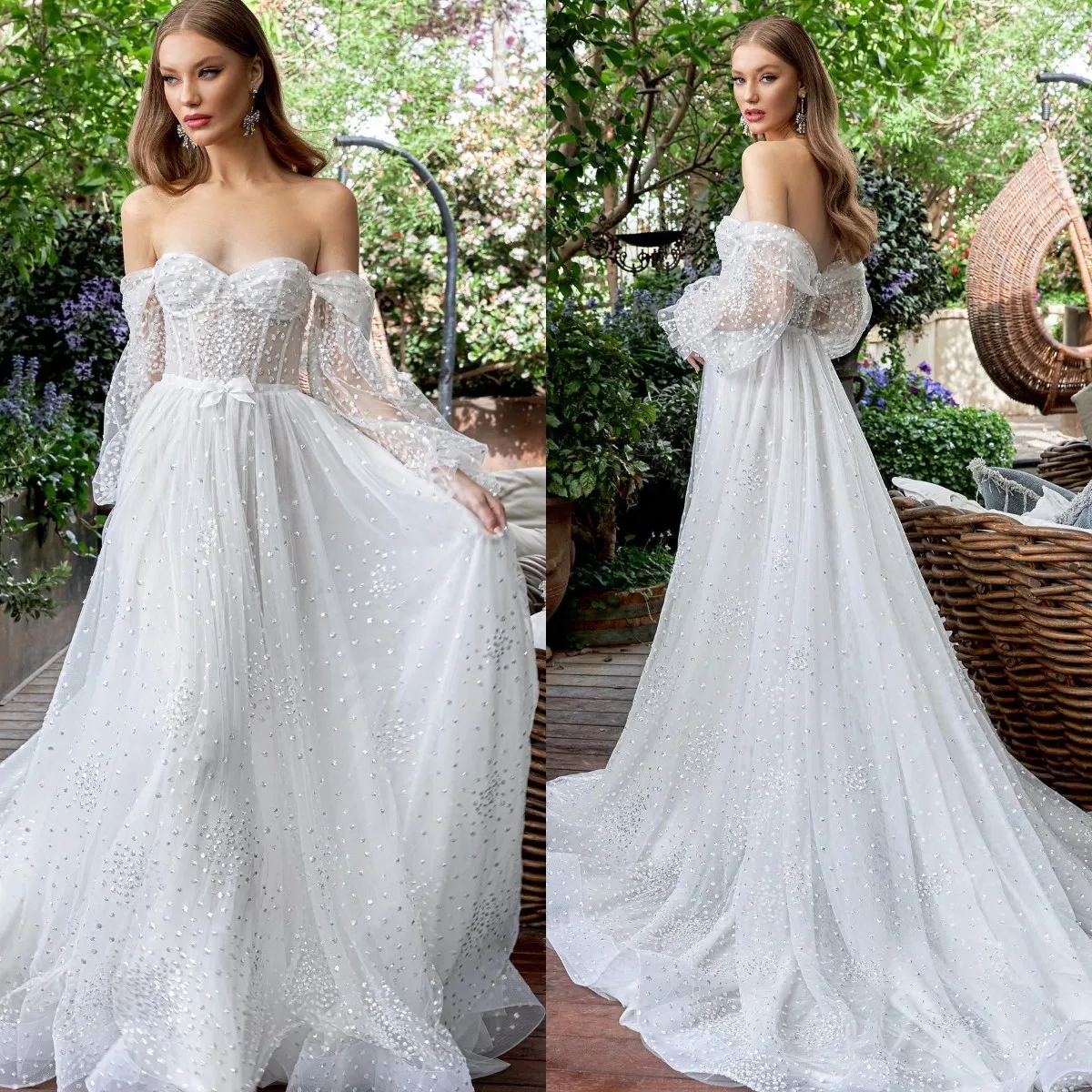 

Bohemian Beaded 2022 Wedding Dress Long Sleeve Off The Shoulder Sequined Beach Boho Bridal Gowns Backless vestido de novia