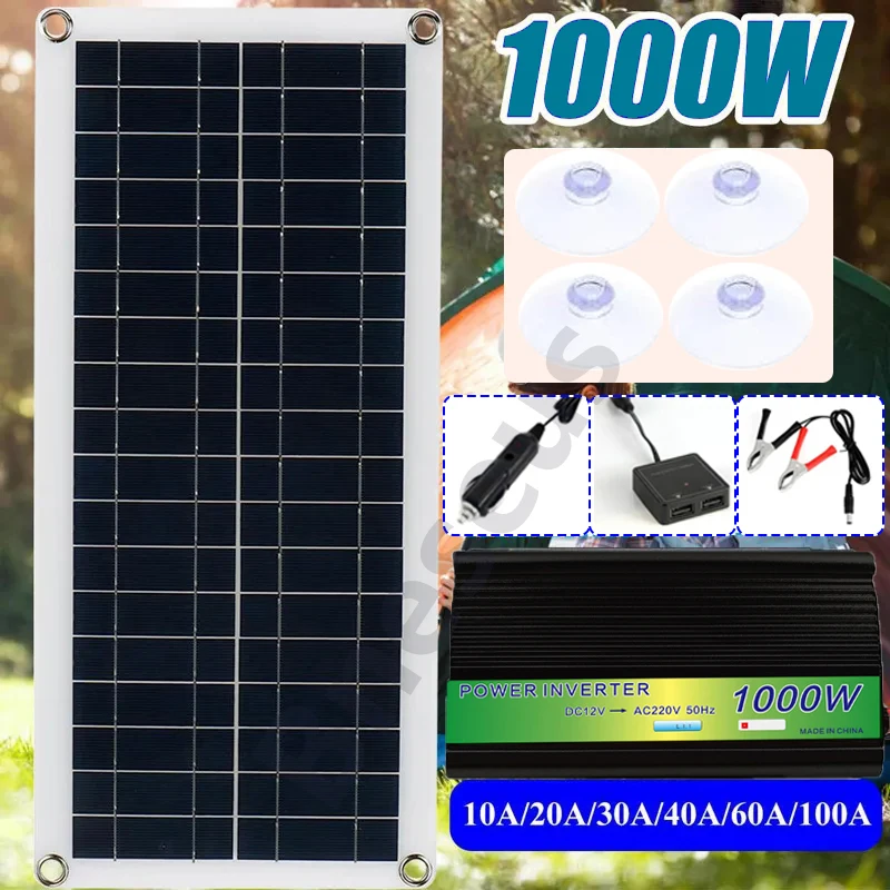 Panel solar de 1000W y 12V, controlador de paneles solares de 60A para  teléfono móvil, RV, coche, cargador de almohadilla MP3, fuente de  alimentación