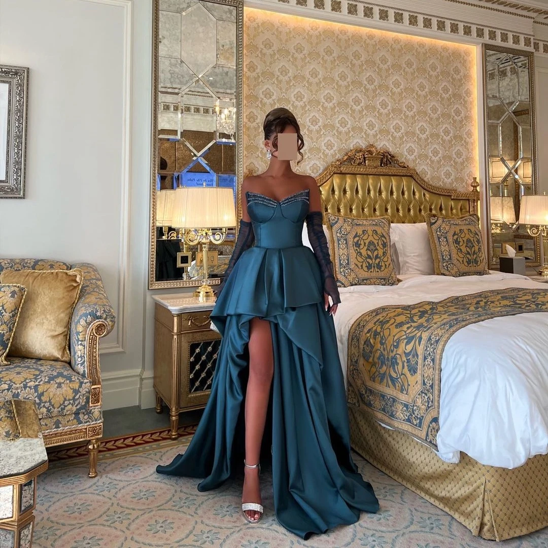 

Meetlove Sexy Prom Dresses Back Strap High Fork Floor-Length Gloves V-Neck Sleeveless Wedding Party Court Stain Backless 2023