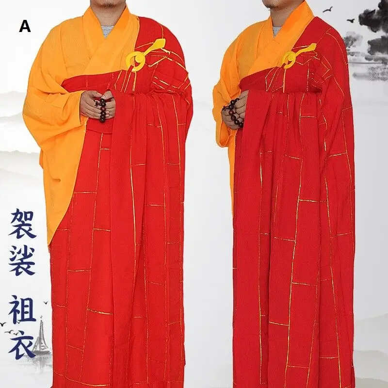 Men Women Buddhist Cassock Robe Golden Lines Frock Buddhism Long Clothing Monk